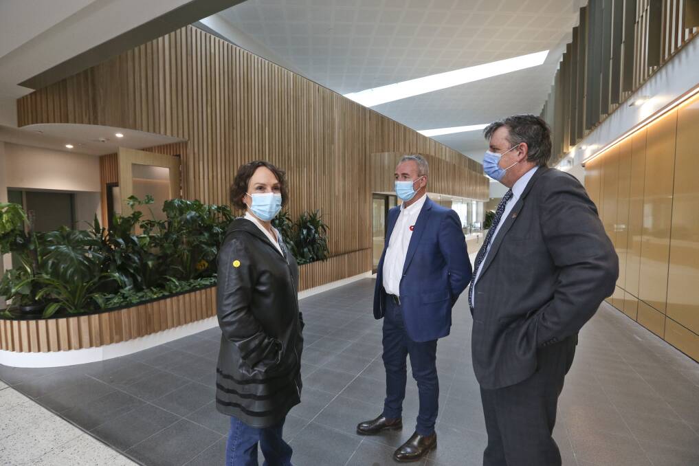 POTENTIAL: Western Victoria MP Jaala Pulford, Victorian Health Building Authority executive director Stephen King and Dale Fraser take a look in one of Ballarat Base Hospital's newest spaces ahead of major building works. Picture: Luke Hemer