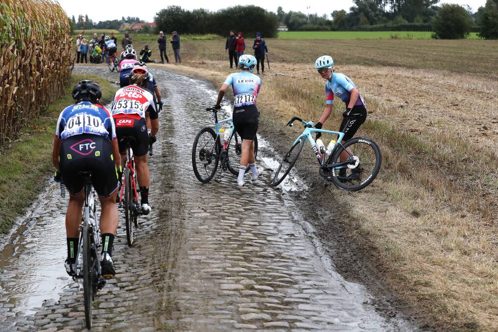 SCENE: Crashes and slips like this brough down riders on every cobble section in Paris-Roubaix Femmes, Nicole Frain says, making it hard for riders to gain ground. Picture: Bas Czerwinski, Getty Images