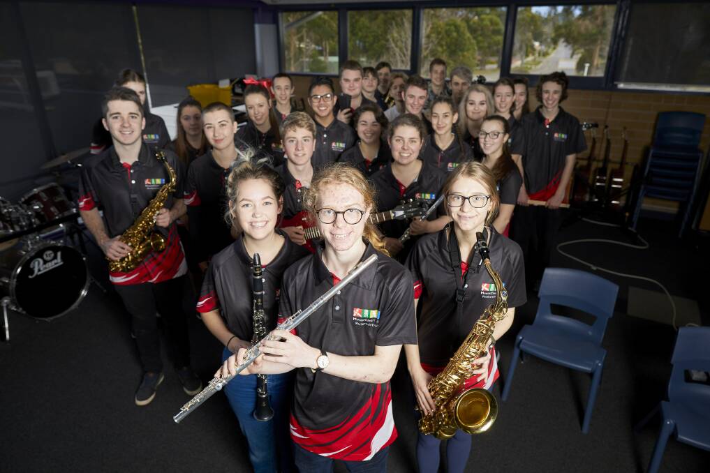 TUNING UP: Mount Clear College's school band and year 11 dancers are ready to perform in China for a music festival. Picture: Luka Kauzlaric