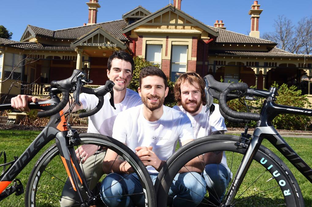 AWARE: Jarrod King, Nick Locandro and Jamie Huggett visit Ballarat's Eyres House for their Ride to remember campaign last year. Picture: Kate Healy