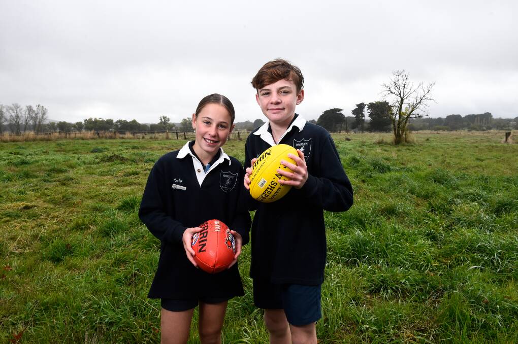 Miners Rest Primary School captains Ruby and Jet visit the proposed community sporting site on Tuesday morning. Picture by Adam Trafford.