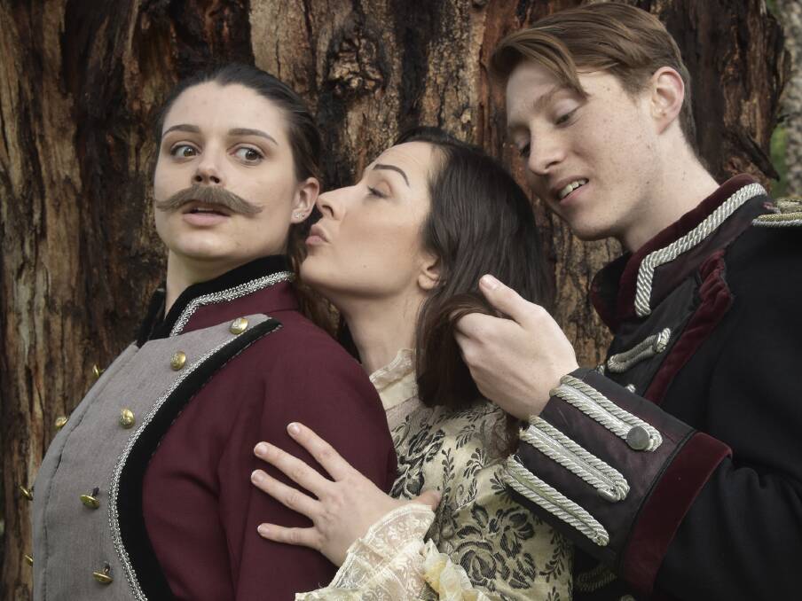 LOVE TRIANGLE: Cesario (Nicola Pohl), Olivia (Sorcha Breen) and Orsino (William Lark). Picture: courtesy of Ozact