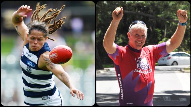 HUSTLE: Geelong AFLW player Richelle "Rocky" Cranston and AFL identity Danny Frawley. Pictures: AAP, The Courier 
