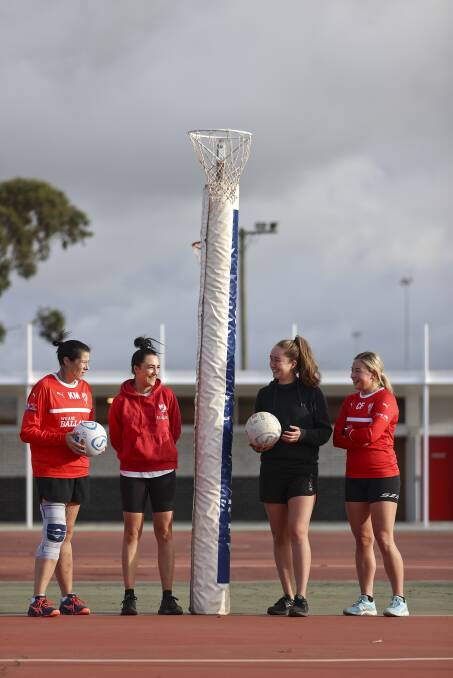 TRIAL RUN: Ballarat Swans netballers Kirsty McLean, Madi Wallis, Hannah Phillips and Casey Fisher prepare to step out for a practice match in shorts this week. Picture: Luke Hemer