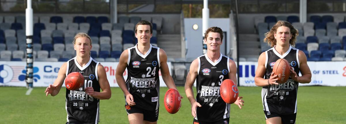 PACK LEADERS: Greater Western Victoria leadership group Jacob Lohmann, Matty Lloyd, Scott Carlin and Thomas Berry at Mars Stadium. Picture: Lachlan Bence