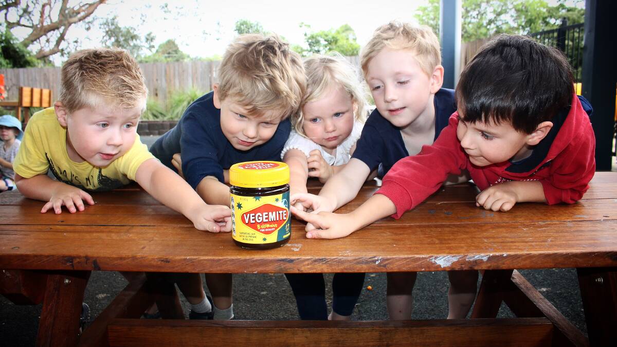 DEAL DELAYED: Lachlan, Eli, Poppy, Tadhg and Heath at Bega's Sunny Kids Early Learning Centre after news Bega Cheese had bought Vegemite on Thursday. Picture: Alasdair McDonald