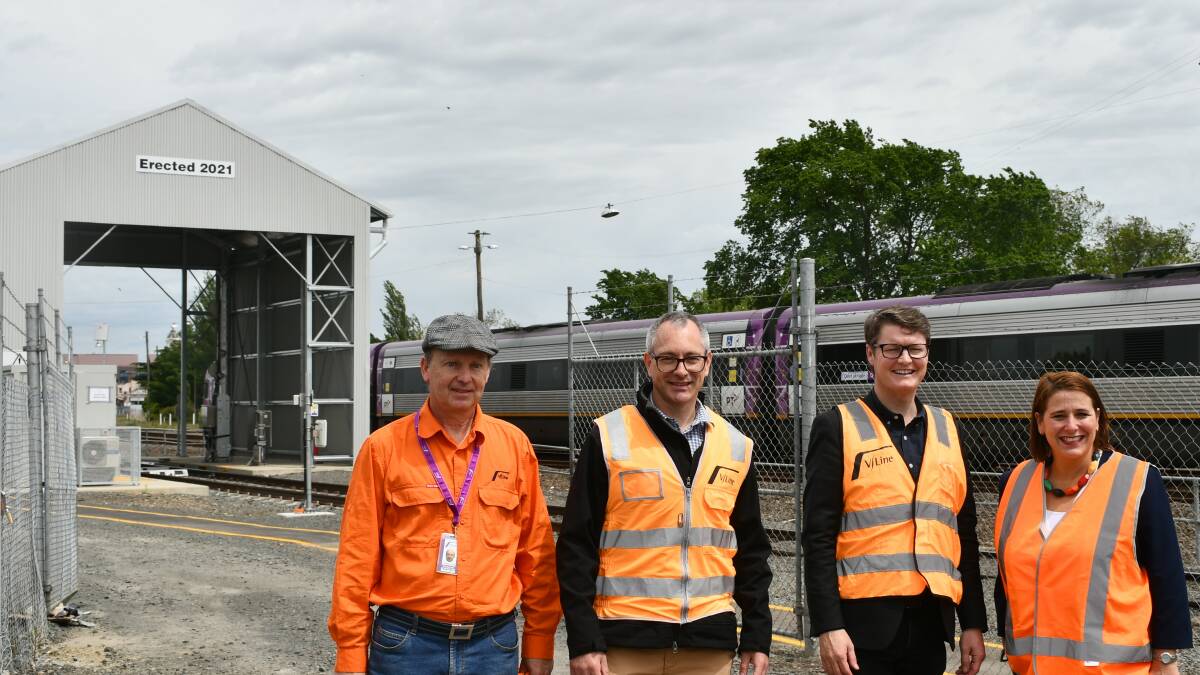 V/Line's wayside monitoring facility project manager Don Flynt with V/Line chief executive Matt Carrick, public transport minister Ben Carroll, and Wendouree MP Juliana Addison. Picture: The Courier