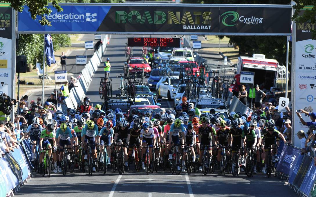 The start of the 2018 under 23 road race. Picture: Lachlan Bence