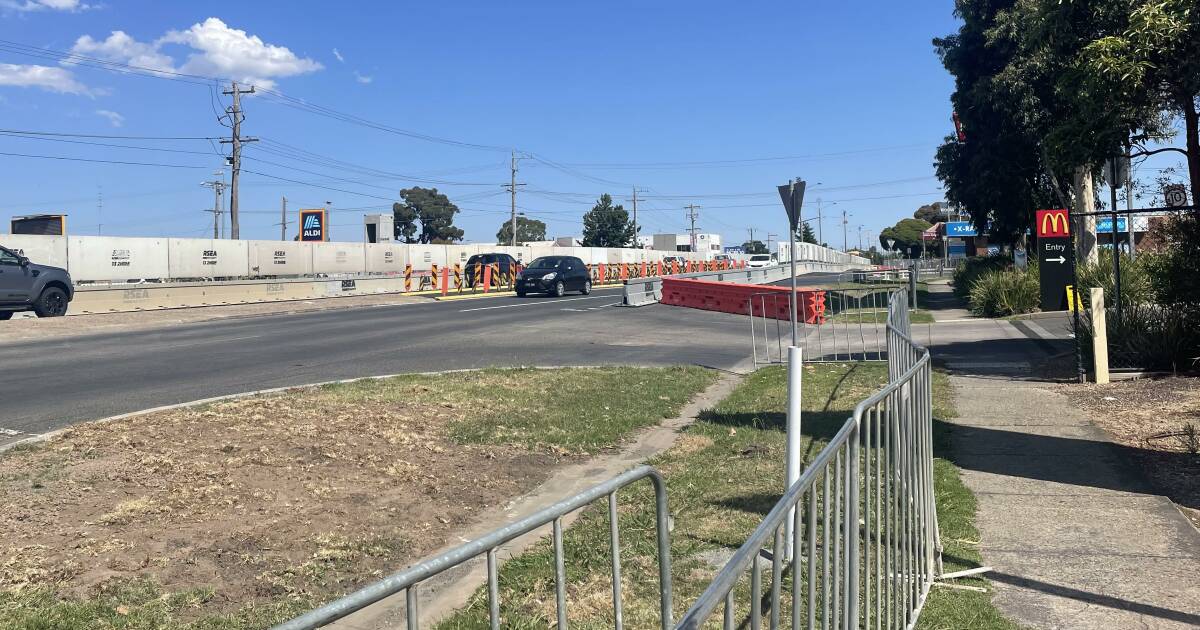 Shut out: Large barriers were installed on the Midland Highway in Sebastopol with Hertford Street to close for at least six weeks. Picture: The Courier