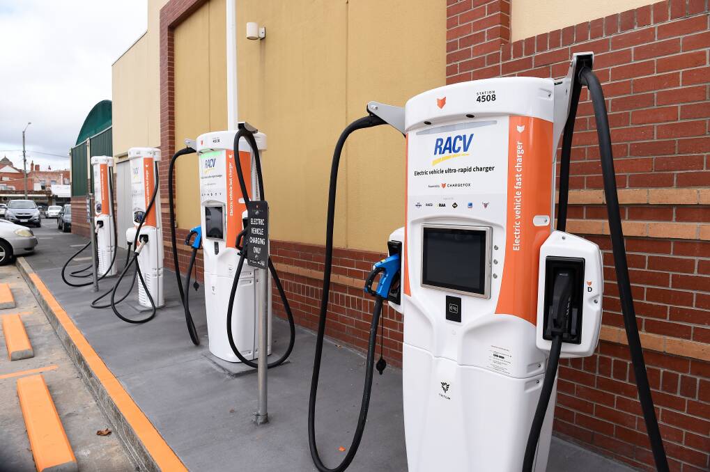 Revved up: The four new Chargefox electric vehicle chargers at the Big W car park. Picture: Adam Trafford