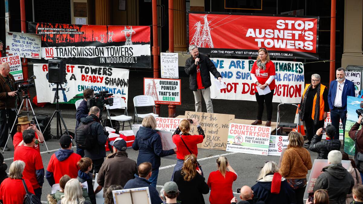 A protest against the proposed transmission line projects in Lydiard Street in 2022. Picture by Luke Hemer