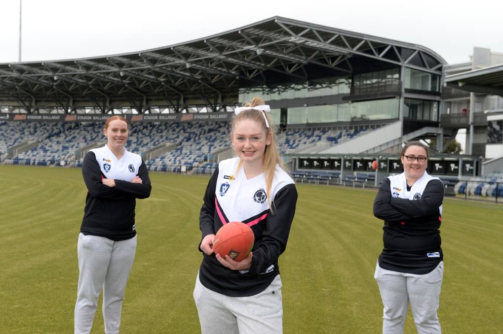 North Ballarat's Laura O'Connor, 16, Amali Dean, 16 and Mollie Tigchelaar, 16, are keen for new change rooms at Mars Stadium. Picture: Kate Healy