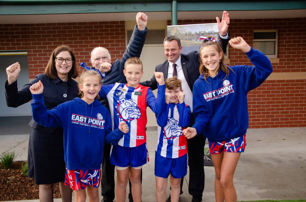 Next step: East Point junior footballers and netballers with Senator Sarah Henderson, committee of management chair Damian Ryan, and City of Ballarat mayor Daniel Moloney. Picture: contributed