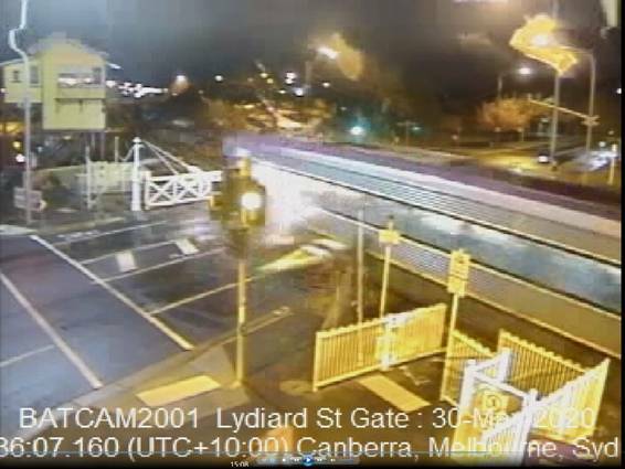The train crashes through the level crossing gates. Picture from the ATSB.