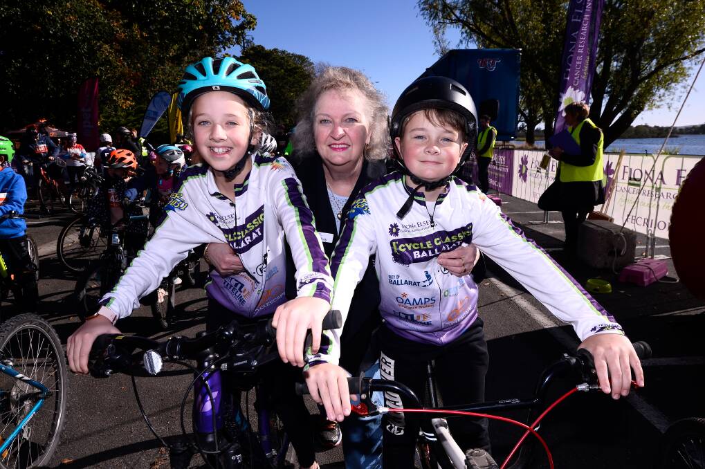 Fiona Elsey's mother Gail Elsey at the 2021 Ballarat Cycle Classic, with her grandchildren Ivy Dickson and Nathan Elsey. Picture: Adam Trafford
