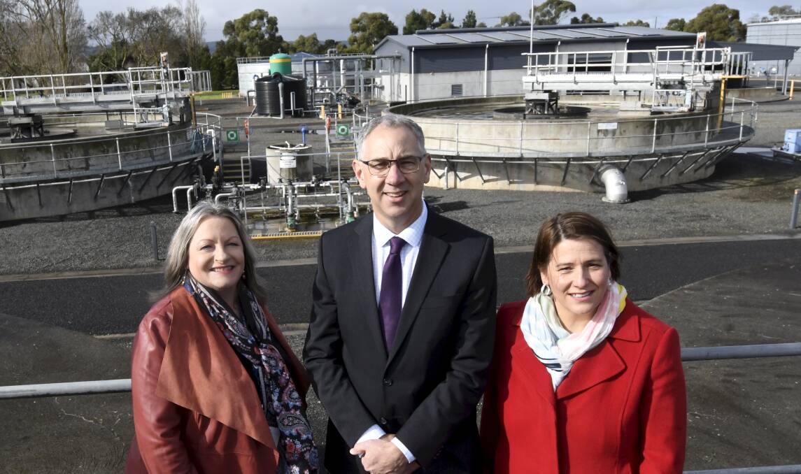Working together: Central Highlands Water chair Angeleen Jenkins and incoming managing director Jeff Haydon with Wendouree MP Juliana Addison at the Ballarat North water reclamation plant. Picture: Lachlan Bence