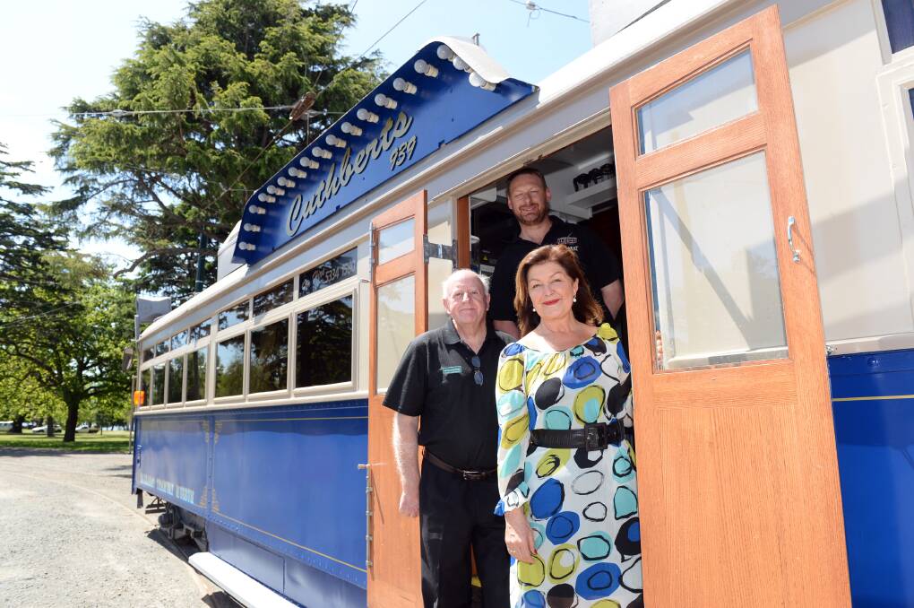 Liberal candidate for Wendouree Samantha McIntosh with Neville Britton and Paul Mong from the Ballarat Tramways Museum. Picture by Kate Healy