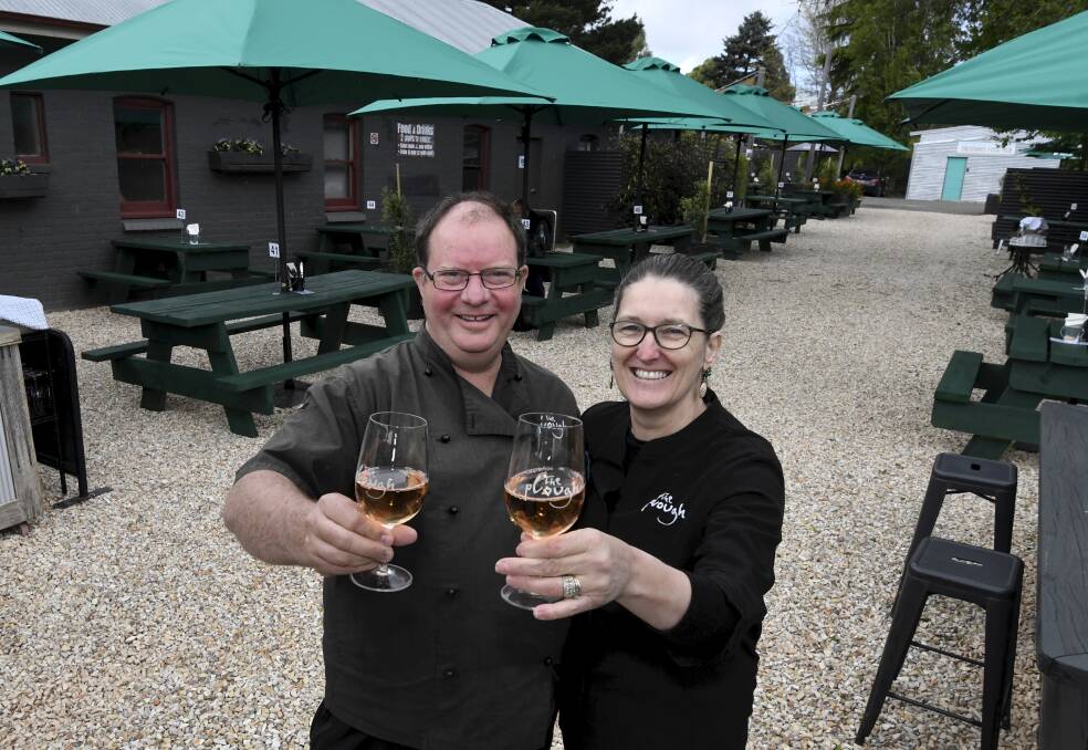 Plough Trentham owners Mark and Ruth Mills were celebrating the proper reopening of their hotel. Picture: Lachlan Bence