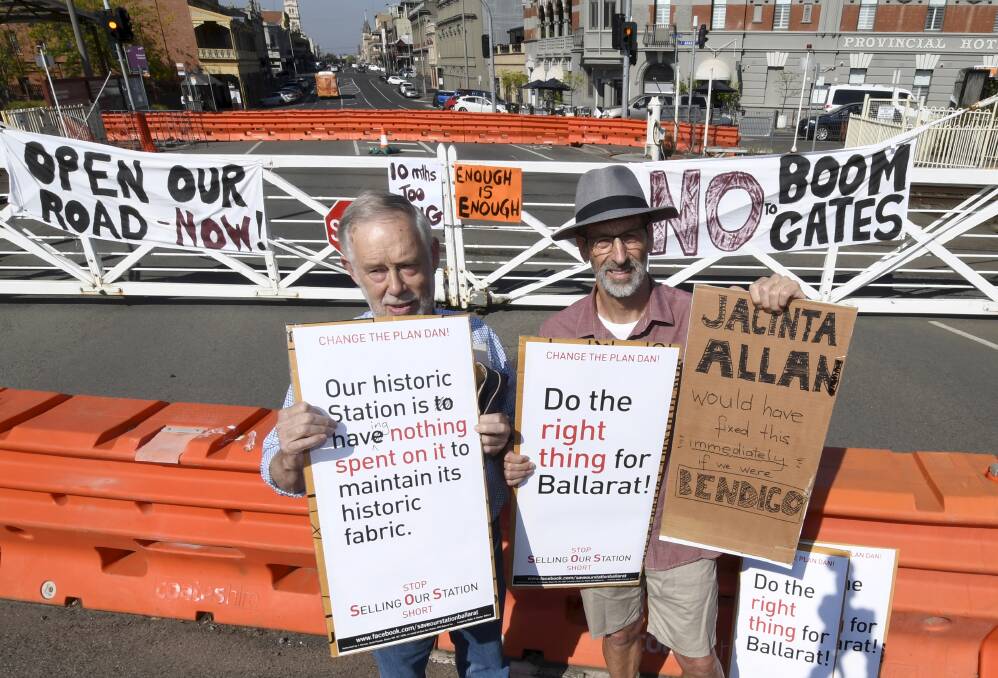 Save Our Station's Gerald Jenzen and John Barnes at a community protest last month. Picture: Lachlan Bence