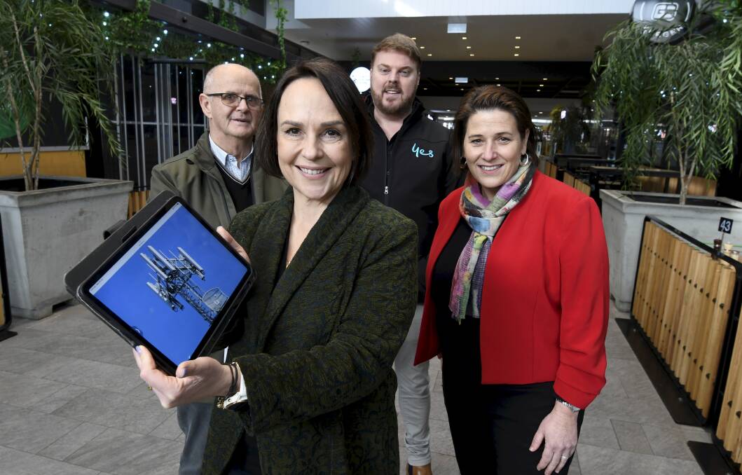 Digital economy minister Jaala Pulford with City of Ballarat councillor Peter Eddy, Optus Victorian general manager Jayson Grool, and Wendouree MP Juliana Addison. Picture: Lachlan Bence