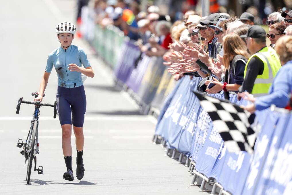 Francesca Sewell walks across the finish line to claim victory during the under 19 Women's Race. Picture: Dylan Burns