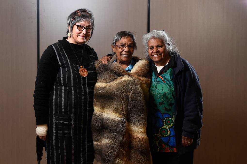 Gunditjmara Master Weaver and Artist, Aunty Ann Cooper and Aunty Esther Kirby. Possum skin cloaks being created at BADAC
