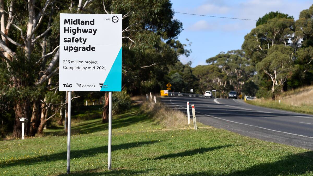 Past time: A sign on the Midland Highway near Buninyong stating works will be finished by mid-2021- they're not. Picture: Adam Trafford