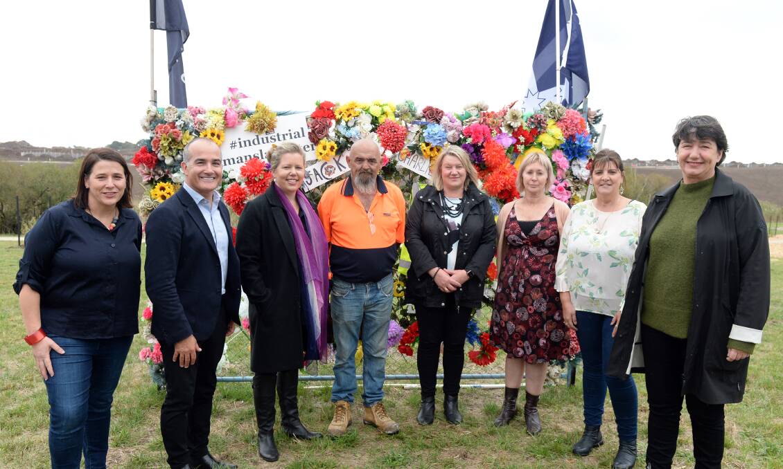 In front of a temporary memorial to Jack and Charlie, (from left) Wendouree MP Juliana Addison, acting Premier James Merlino, Dr Lana Cormie, Dave Brownlee, Minister for Workplace Safety Ingrid Stitt , Parliamentary Secretary for Workplace Safety Bronwyn Halfpenny, Jack's mother Janine Brownlee and Buninyong MP Michaela Settle. Picture: Kate Healy