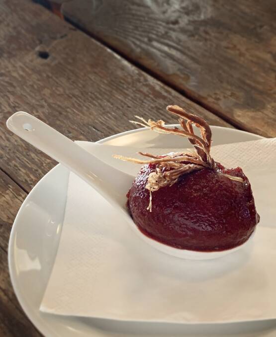 Cleanser of organic heirloom beetroot and pomegranate sorbet with beef rousong