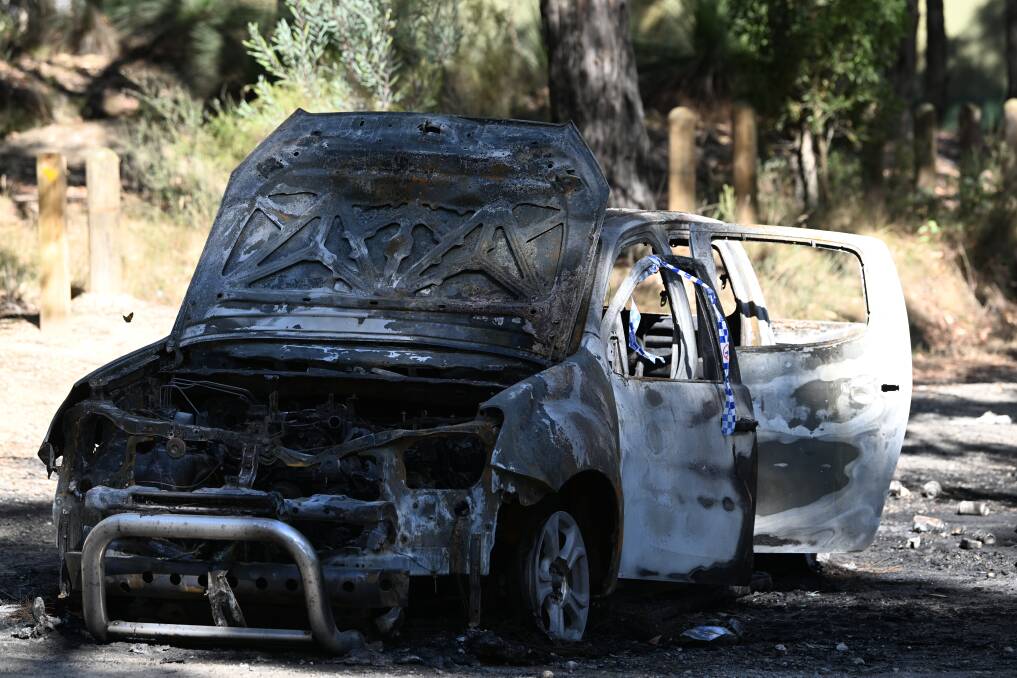 A burnt-out ute found near Wilson Street. Picture by Lachlan Bence