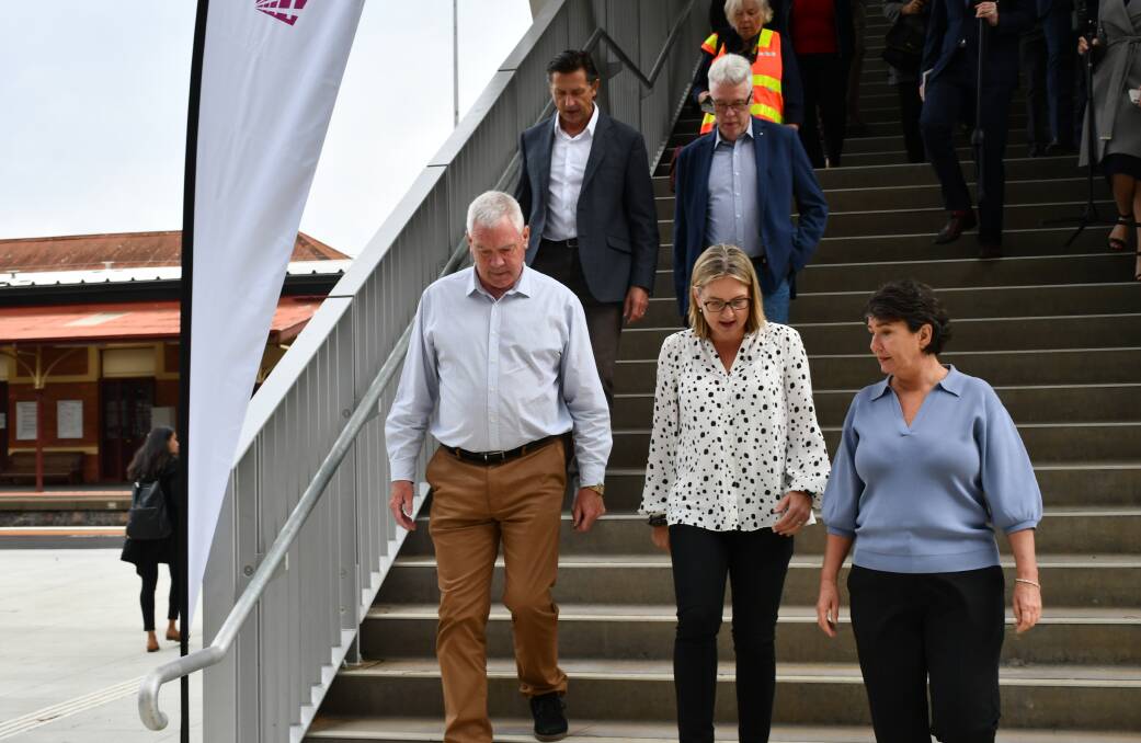 State Transport Infrastructure Minister Jacinta Allan in Ballan on Monday, with MPs Steve McGhie and Michaela Settle, Regional Rail Revival director Mark Havryluk, and V/Line chief executive Gary Liddle. Picture: The Courier