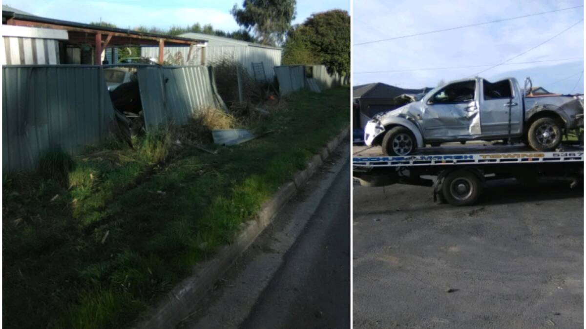The remains of the fence on Giot Drive on Sunday morning, and the ute after the accident. Pictures: contributed