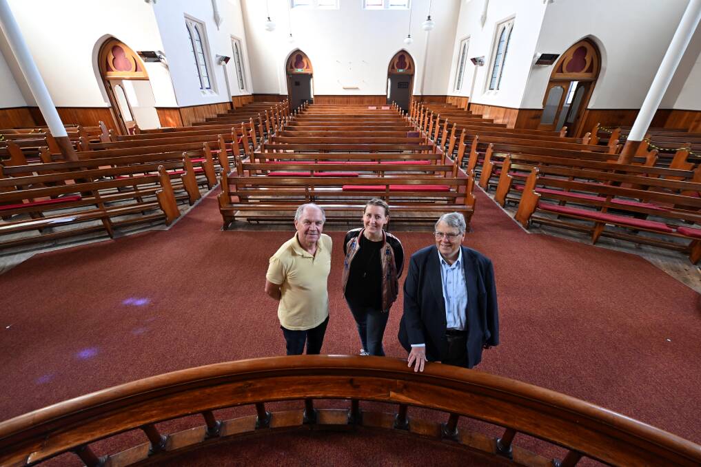 Ballarat Performing Arts Community's Mike Whitehead, Beth Lamont and Peter Kingsbury in the Neil Street Church. Picture by Lachlan Bence