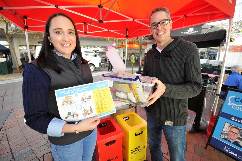 City of Ballarat councillors Amy Johnson and Ben Taylor at the Bridge Mall Farmers Market. Picture: Lachlan Bence