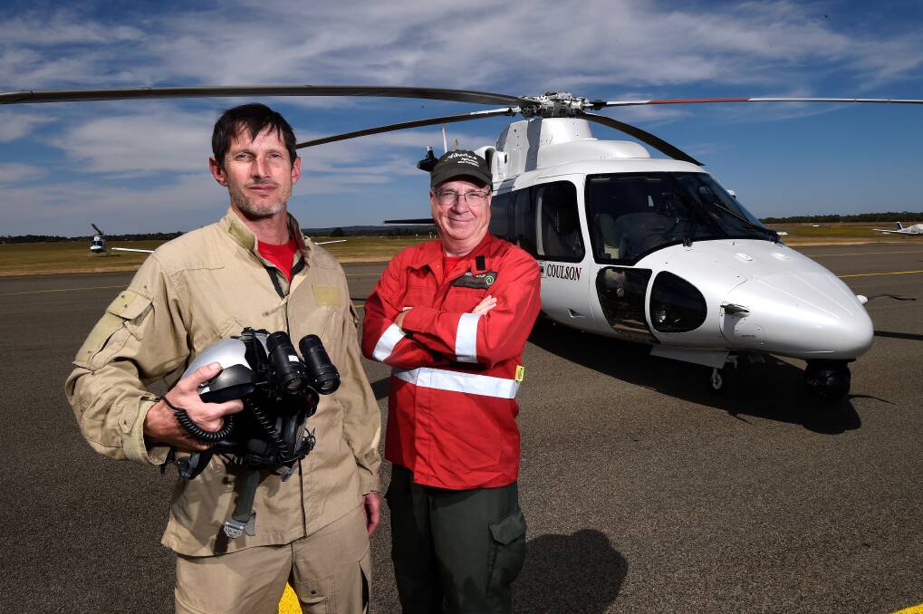 Ready: Toni Lindschinger and Jim Thomasson with their Coulson Sikorsky S-76 at the Ballarat Airport. Picture: Adam Trafford