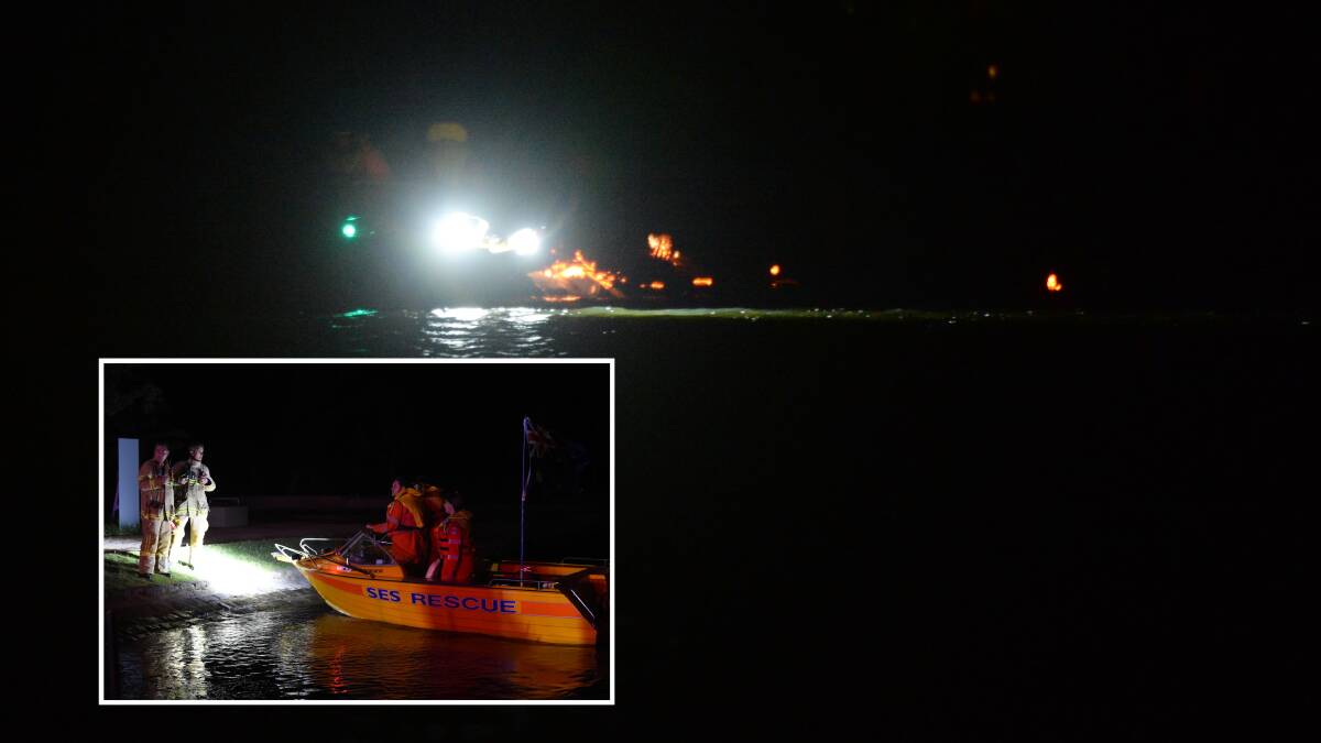 CFA and SES crews extinguished the pontoon fires from boats. Pictures: Kate Healy