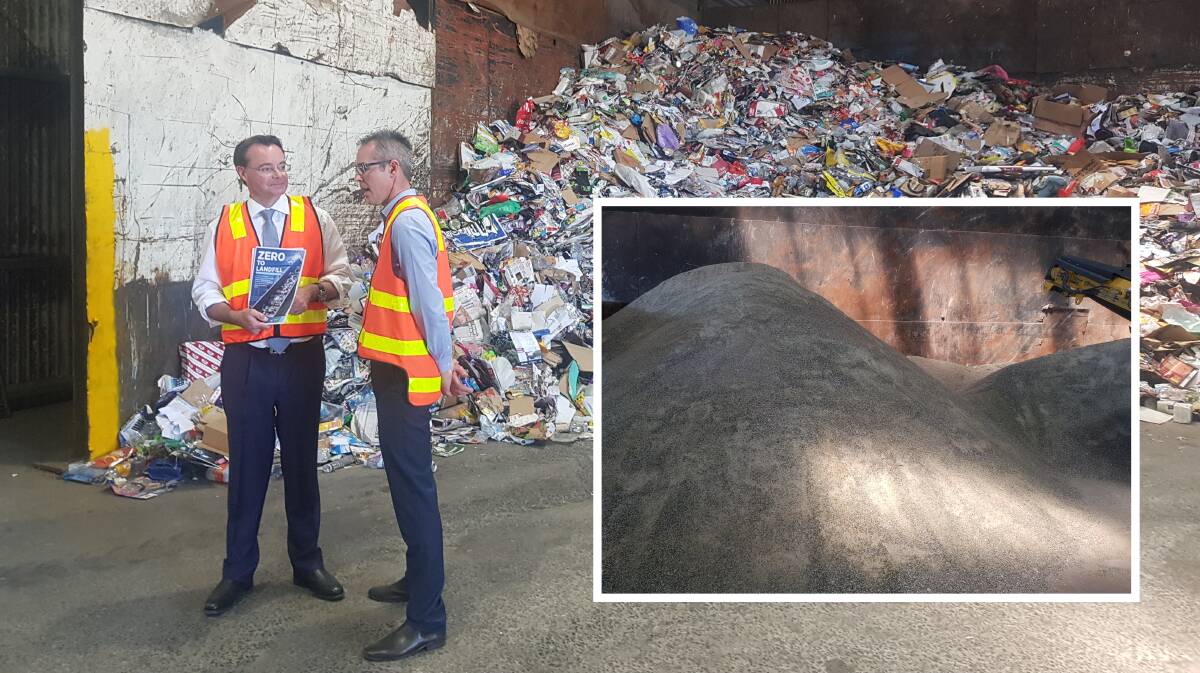 State Opposition Leader Michael O'Brien with City of Ballarat mayor Ben Taylor at Clark's Recycling in Wendouree. Inset, 110 tonnes of crushed glass.