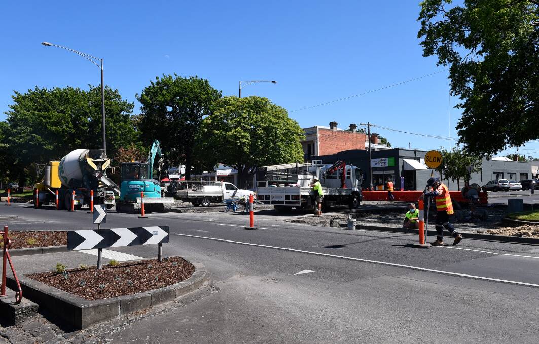 Work is under way to create two U-turns at the Lyons Street and Sturt Street intersection. Pictures: Adam Trafford