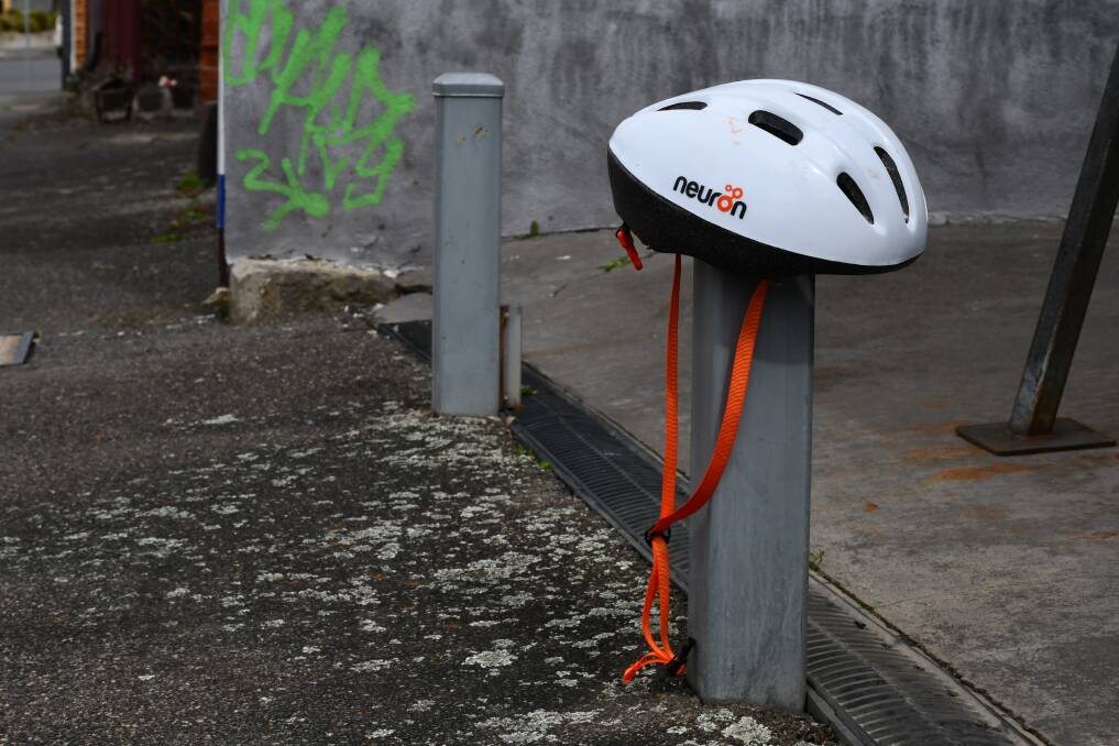 An orphaned e-scooter helmet abandoned in Ballarat's CBD on Monday.