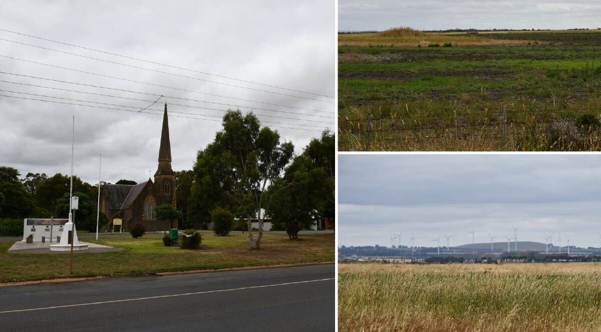 Big plans: Rokewood's main street, the site of the proposed quarry, and the Mount Mercer wind farm visible from the main road. Pictures: The Courier