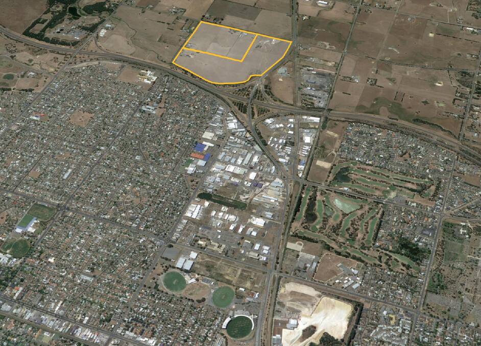 The two blocks - in yellow - in the new Northern Growth Zone along the Midland Highway, Western Freeway, and Burrumbeet Creek. Picture from Google Earth