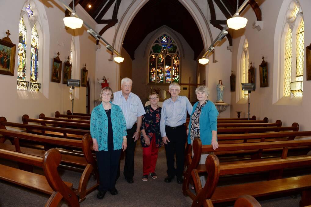Carole Ryan, Bill Keating, Lorraine Beaumont, Fon Ryan and Bev Hayward are the final regular parishioners at St Joseph's in Learmonth. Pictures: Kate Healy