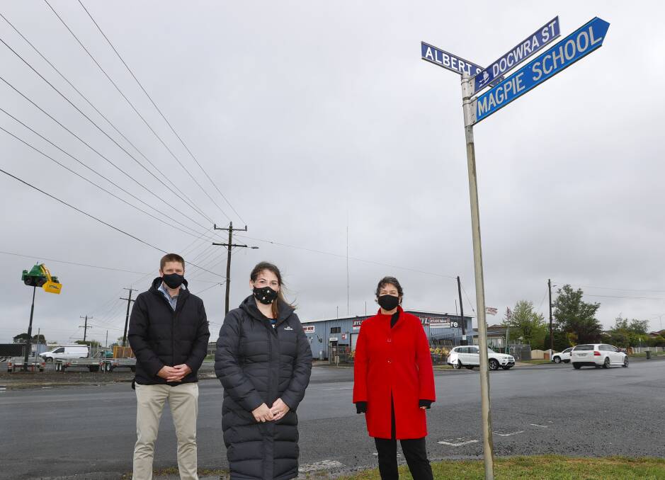 Upgrade: RRV's Michael Bailey, Magpie Primary School principal Penelope Ellis, and Buninyong MP Michaela Settle at the Docwra Street intersection. Picture: Luke Hemer