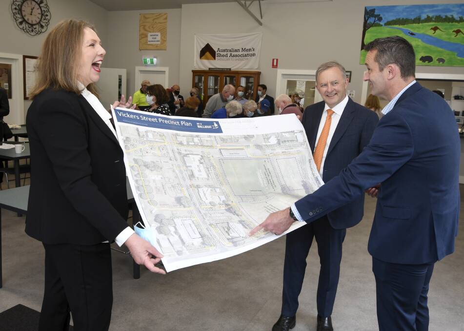 Promises: Ballarat MP Catherine King and Opposition Leader Anthony Albanese with City of Ballarat mayor Daniel Moloney. Picture: Lachlan Bence