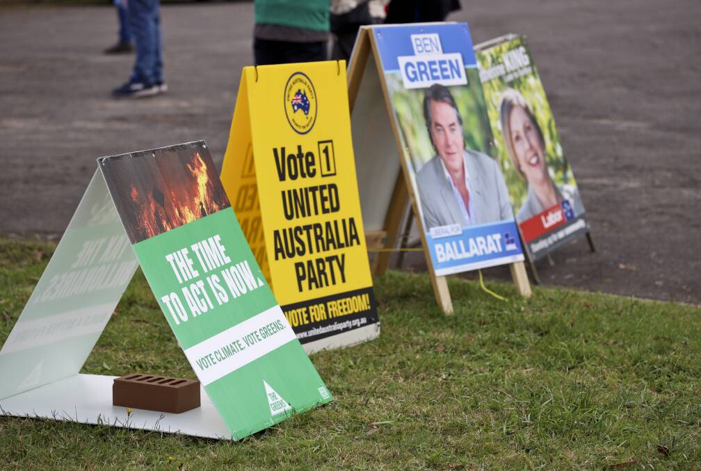 Signs outside the Ballarat Showgrounds pre-polling site this week. Picture: Luke Hemer