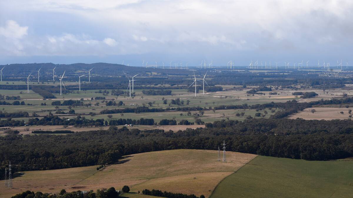 Spinning: Wind turbines from the Lal Lal Wind Farm operating south of Ballarat, as seen from Mount Buninyong. Picture: Adam Trafford