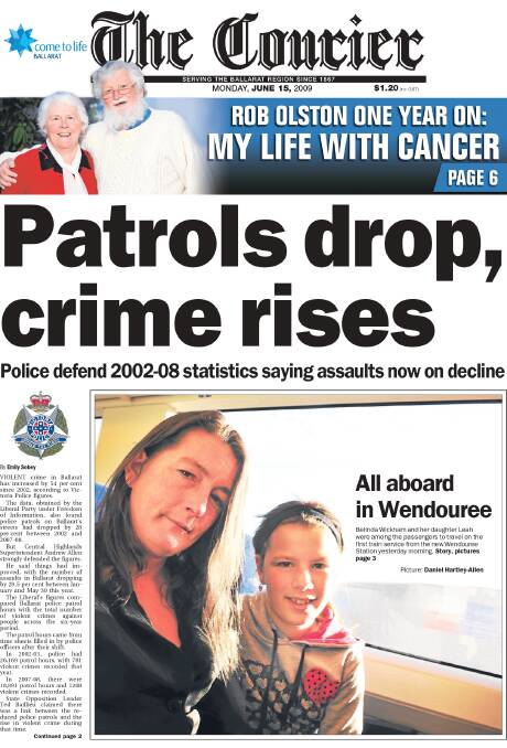All aboard: The Courier's front page in June 2009, with Belinda and Leah Wickham on the very first train from Wendouree.