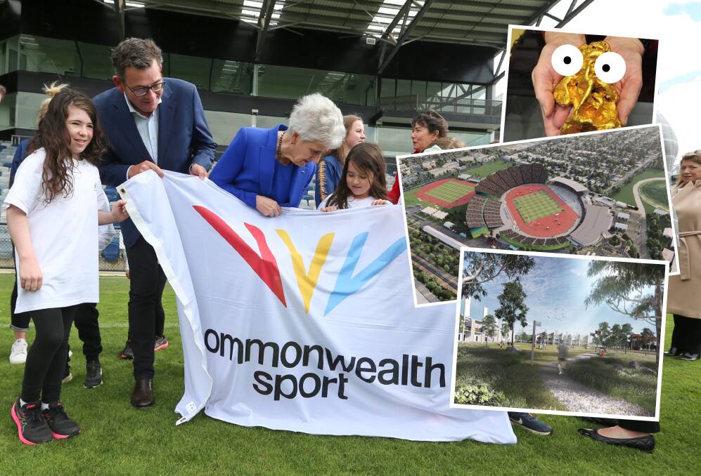 Premier Daniel Andrews and Dame Louise Martin at the Commonwealth Games announcement in April 2022 - with concept art for a mascot, stadium, and village.