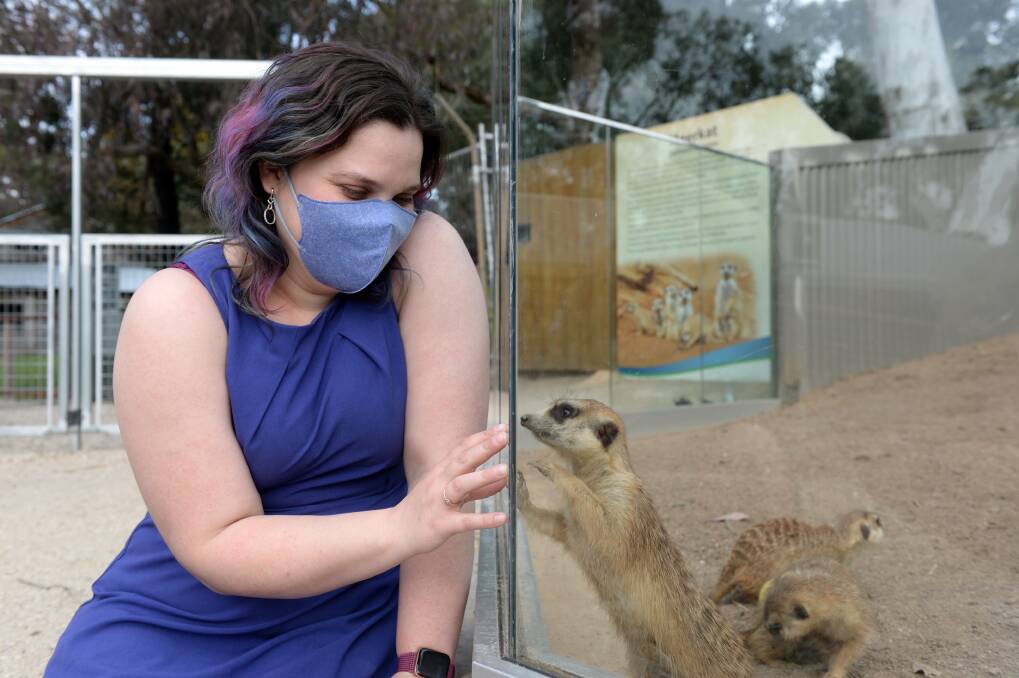 Felicity Nottage says hello to the meerkats at the Ballarat Wildlife Park. Picture: Kate Healy