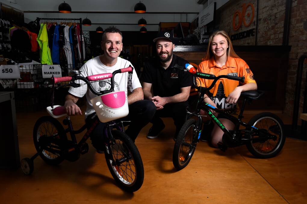 On your bike: Bikes for Humanity's Stephen Cox, Cyclescape's Sam Edwards, and Rode Rage's Emily Wright. Picture: Adam Trafford